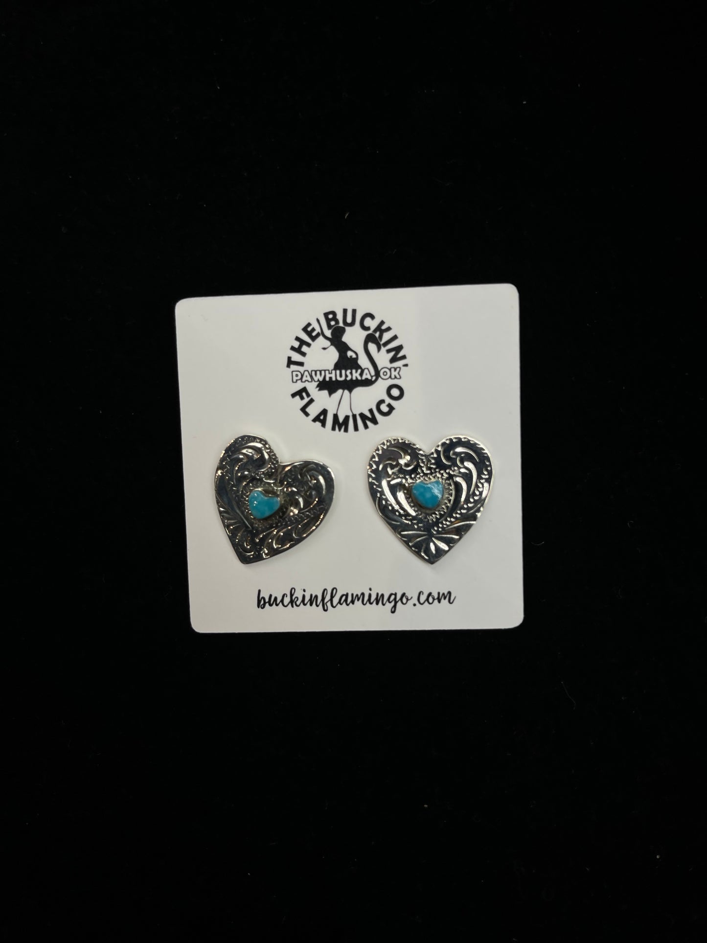 Stamped Turquoise Heart Post Earrings by Ryntanna Yazzie, Navajo