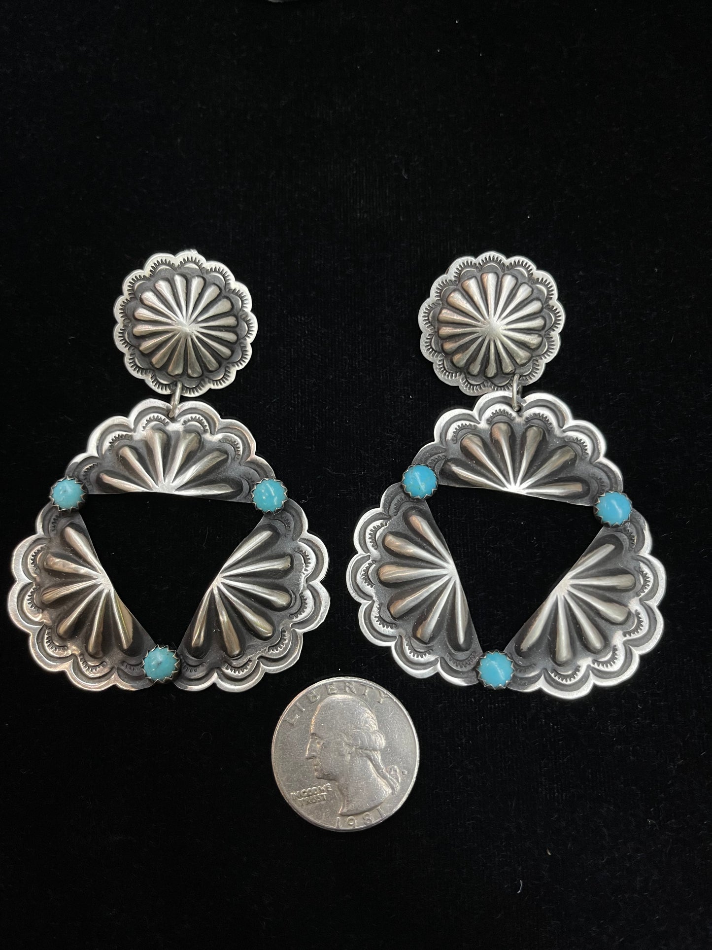 Concho Post Dangle Earrings with Turquoise Stones by Leander Tahe, Navajo