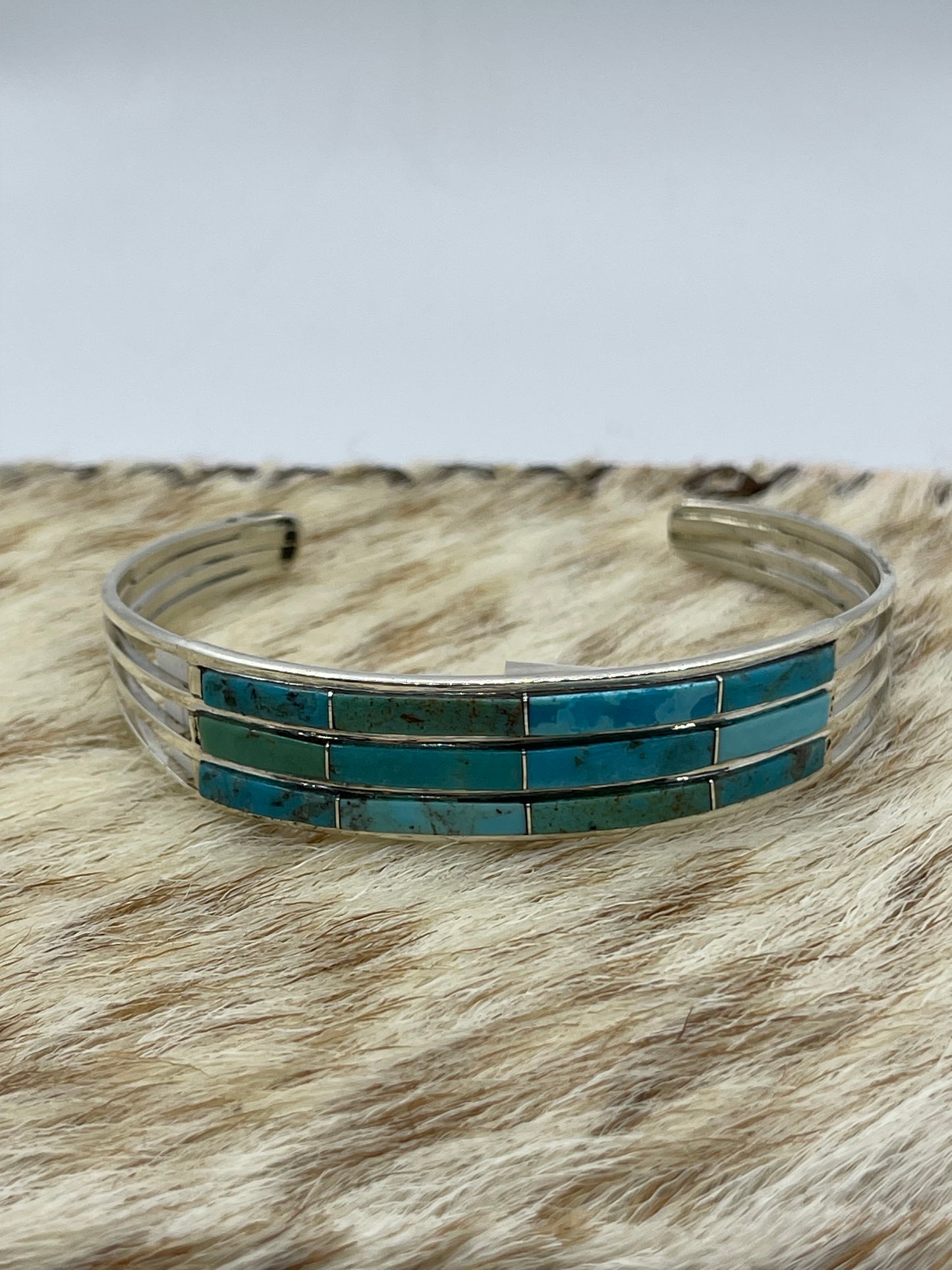 6 1/4" 3 Row Inlay Turquoise Cuff by Jamie Johnson, Navajo