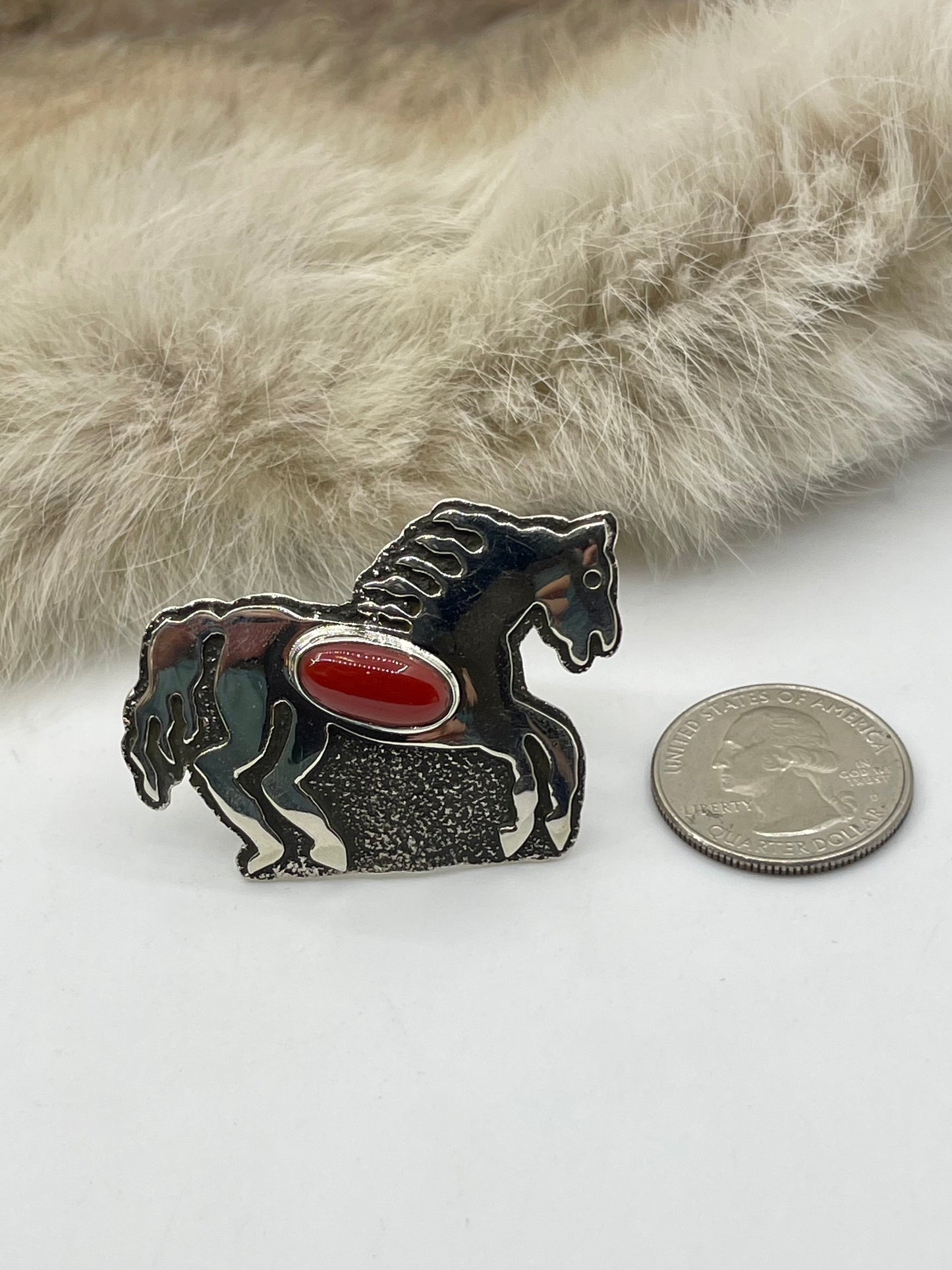 7.0 Red Coral Horse Ring by Marie Jackson, Navajo