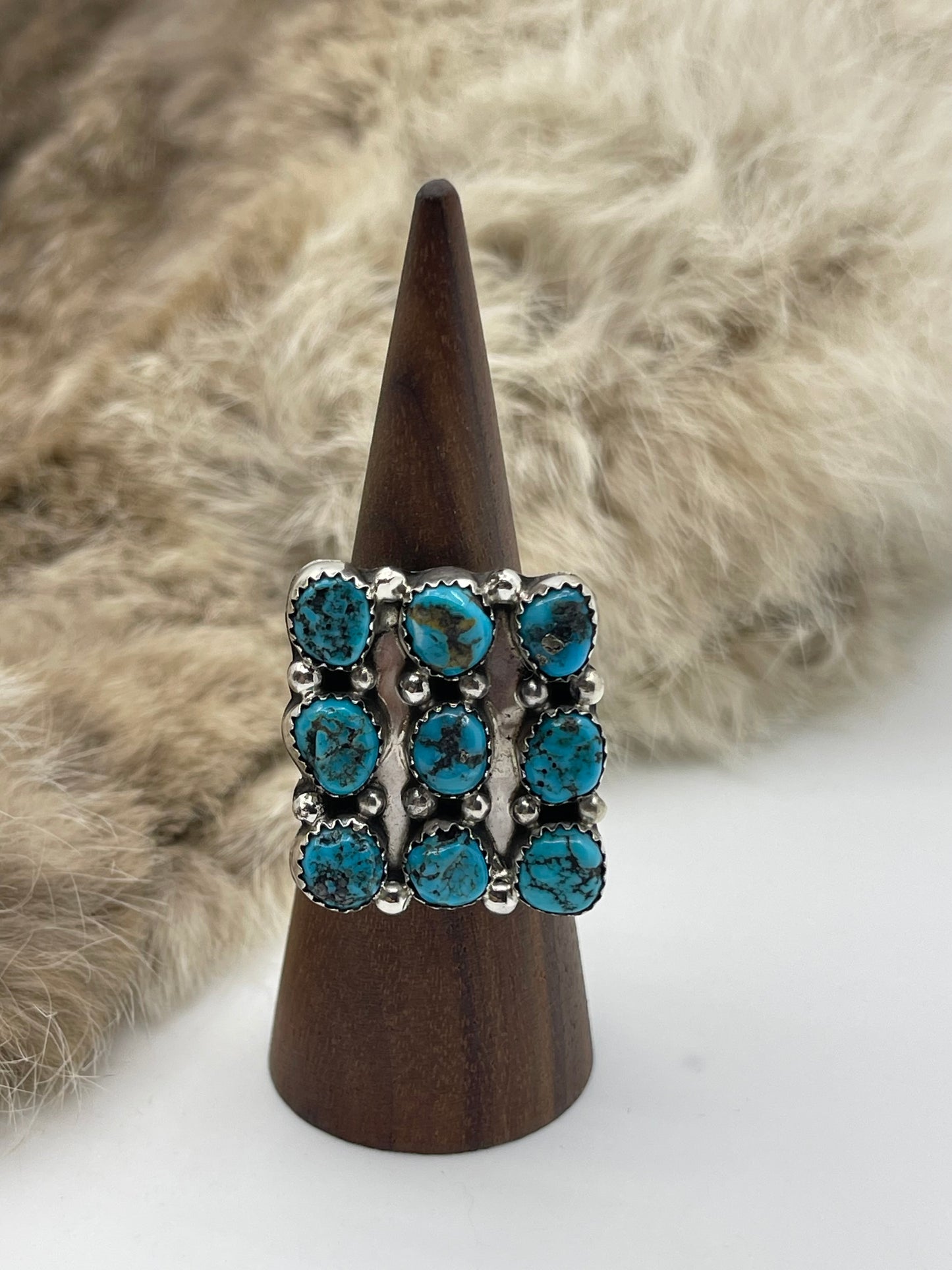 9.0 9 Stone Square Turquoise Ring by Herbert Begay, Navajo