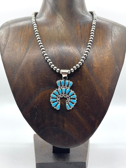 16" 5mm Navajo Style Pearls Turquoise Naja Pendant by Zeita Begay, Navajo