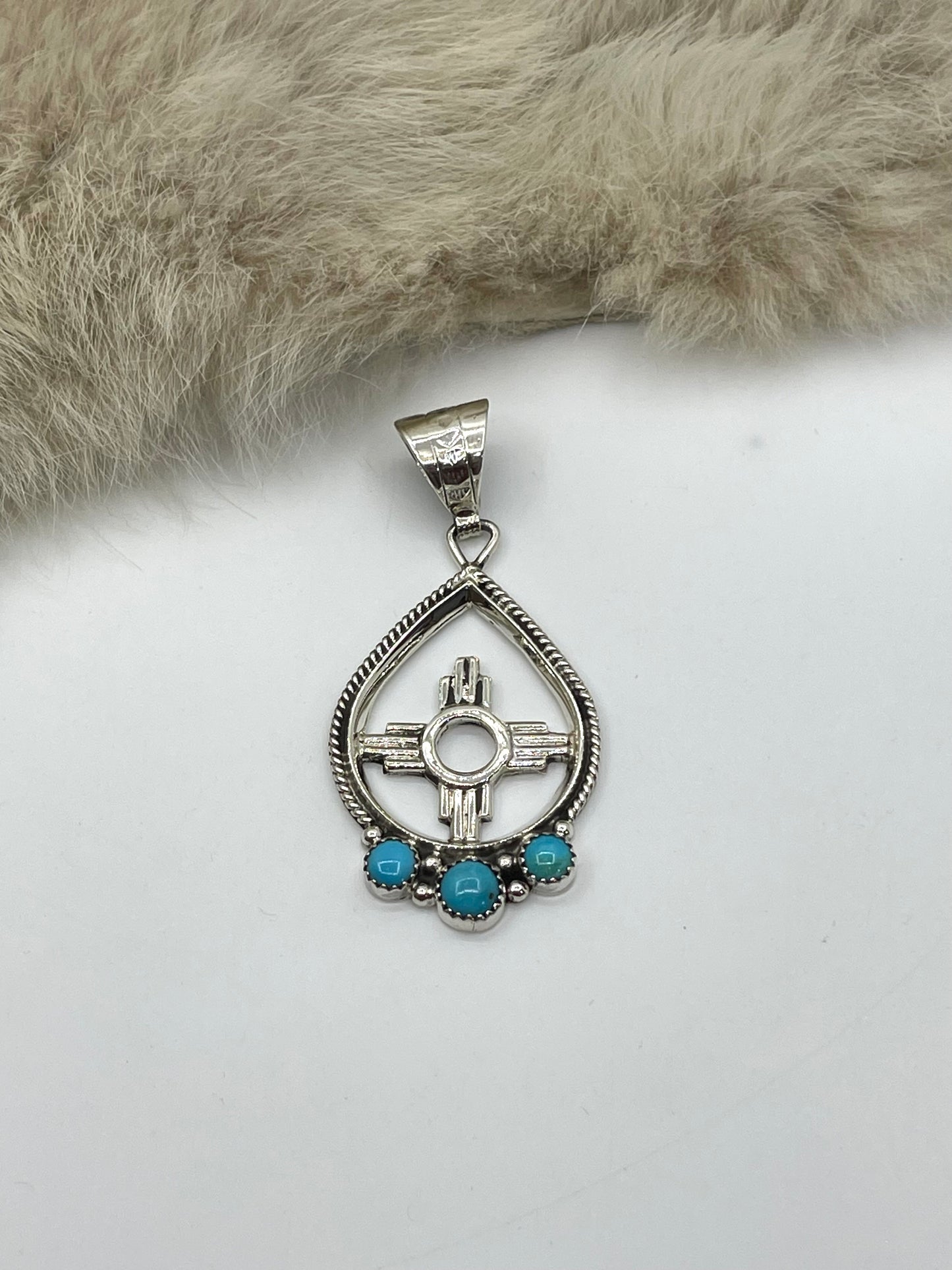 9.2mm Bail Zia Symbol Pendant with 3 Turquoise Stones by Jimmy Garcia, Navajo