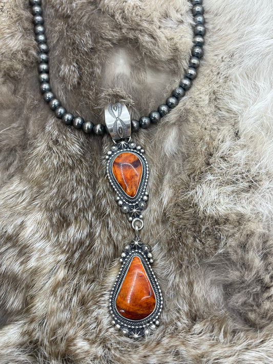 2 Stone Orange Spiny Oyster Pendant on 20" 7mm Navajo Style Pearls by Tom Lewis, Navajo
