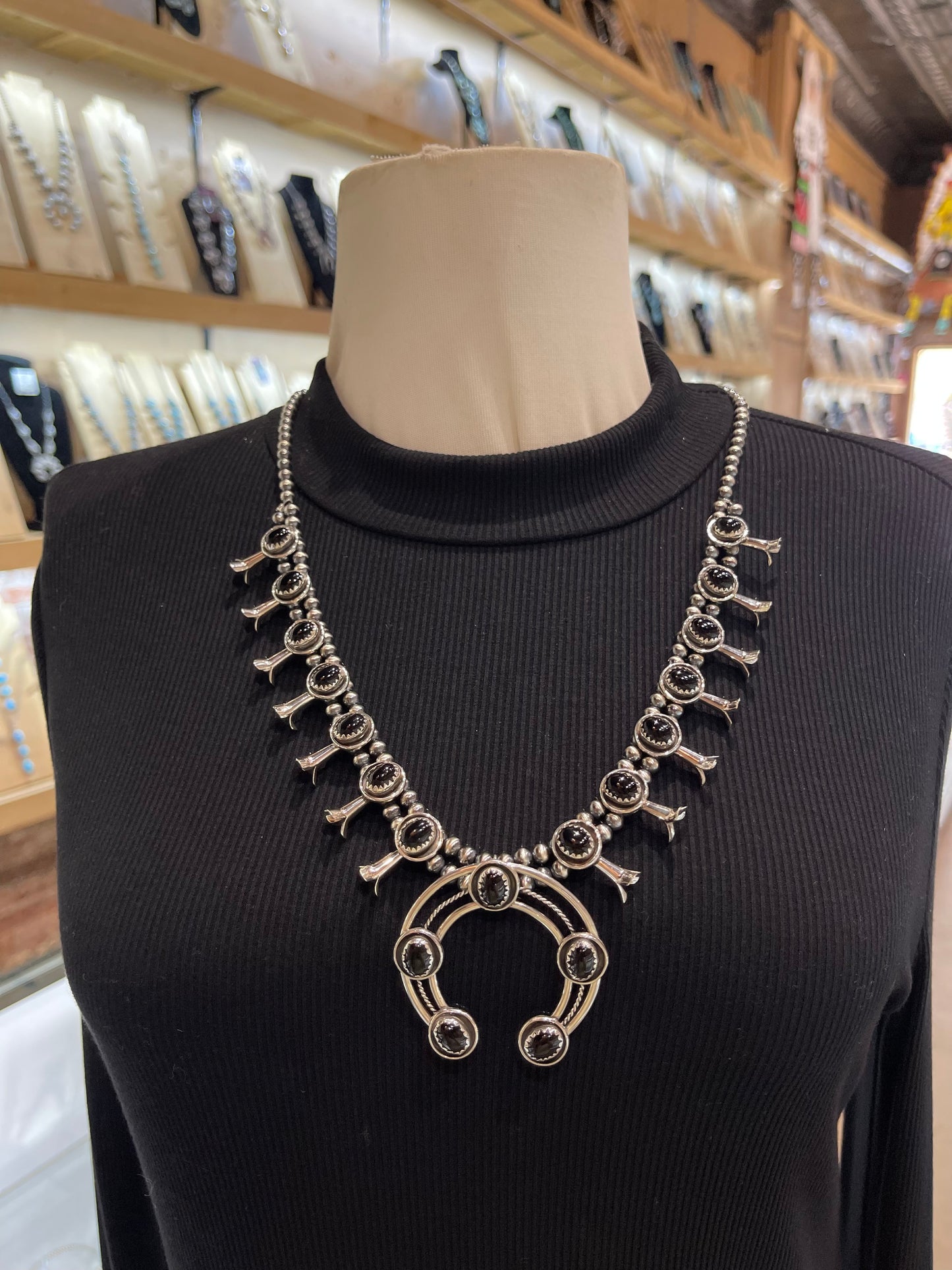 24" 5mm Small-Size Black Onyx Squash Blossom Necklace
