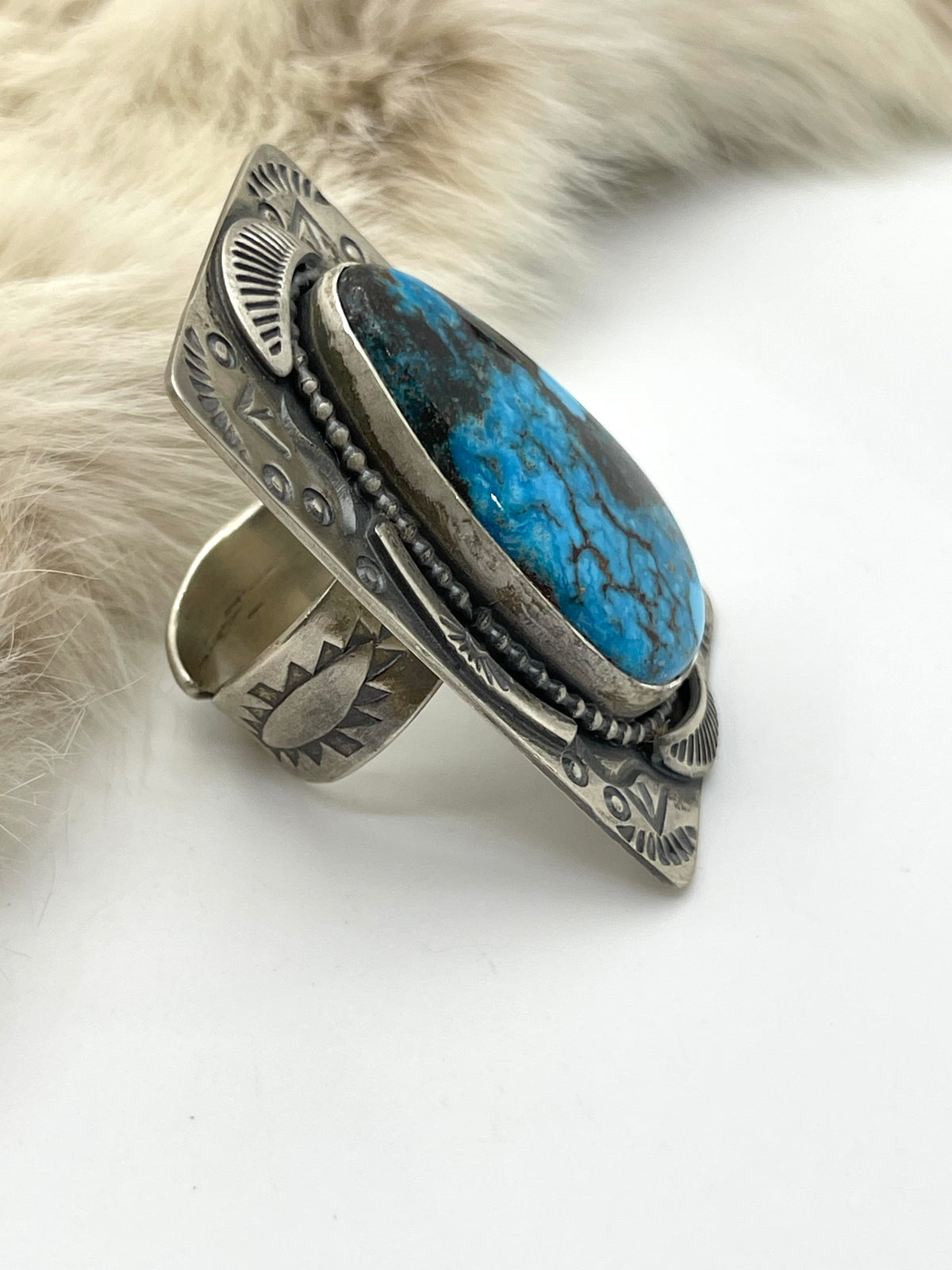 Adjustable Kingman Turquoise Ring with Stamped Silver