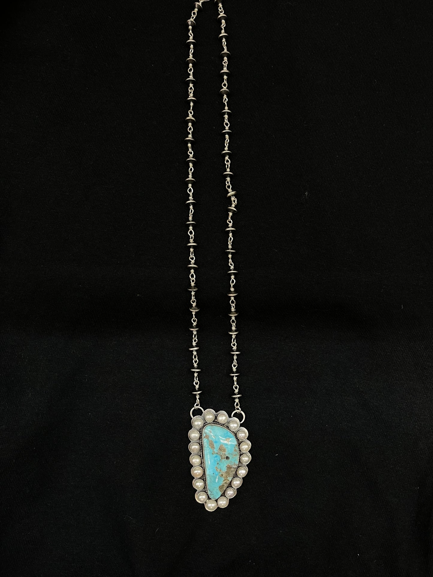 20" Turquoise and Freshwater Pearls Necklace with Navajo Saucer Pearls by Kevin Begay, Navajo