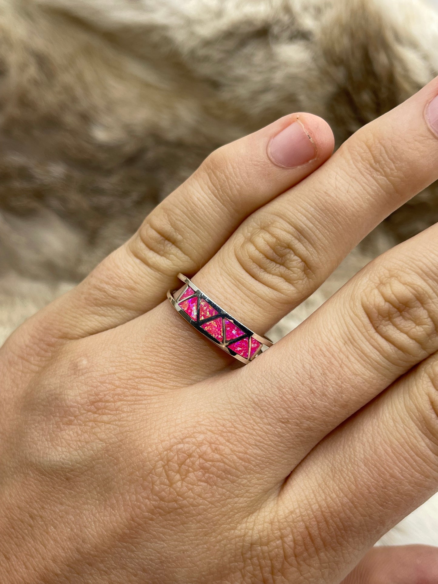 10.5 Hot Pink Opal Zigzag Inlay Band by Joann Peinas, Zuni