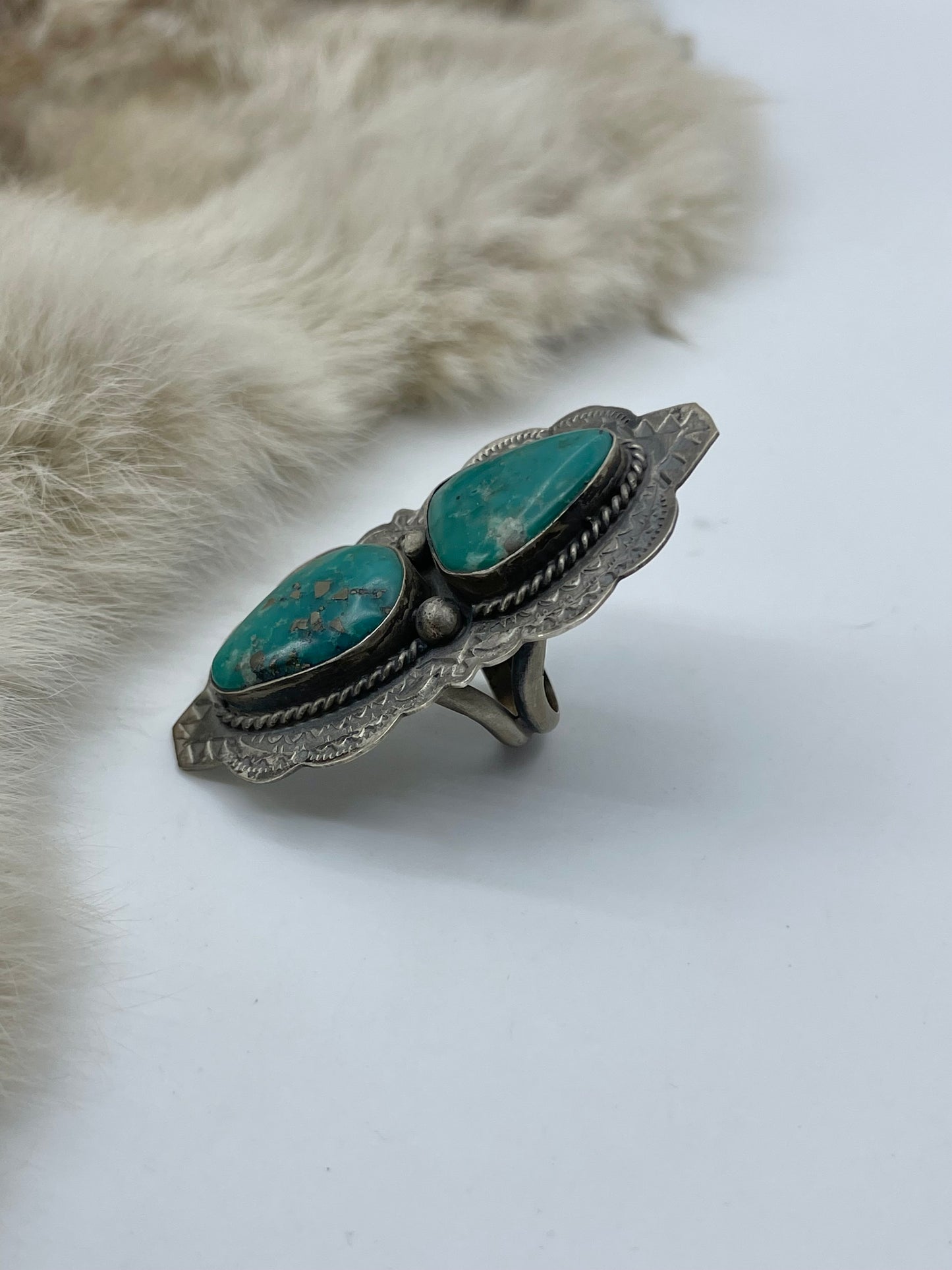9.0 2 Stone Turquoise Ring by Boyd J. Ashley, Navajo