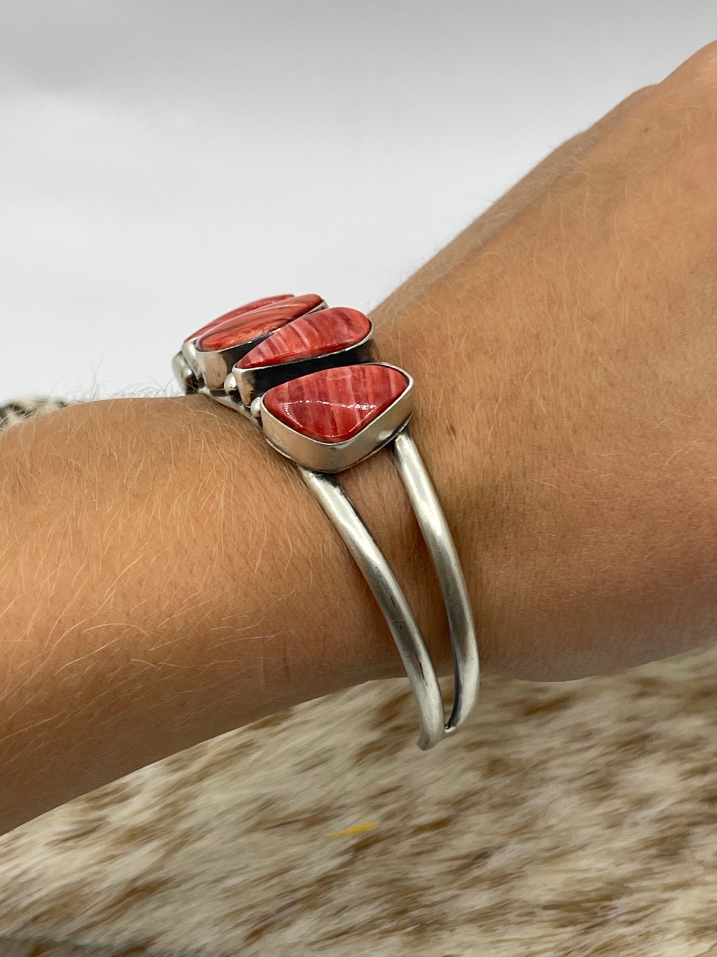 5 Stone Red Coral Cuff by Augustine Largo, Navajo