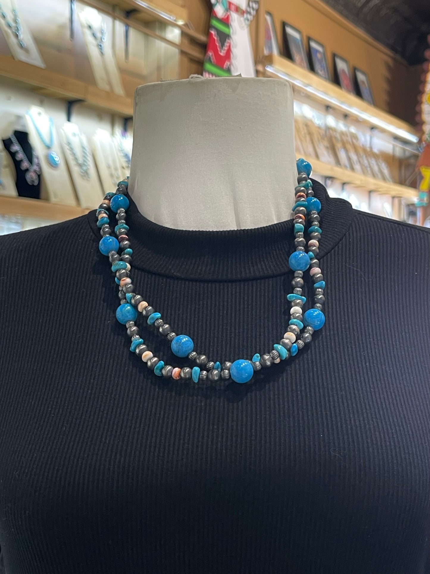 44" Navajo Style Pearls with Turquoise & Spiny Oyster Beads Necklace