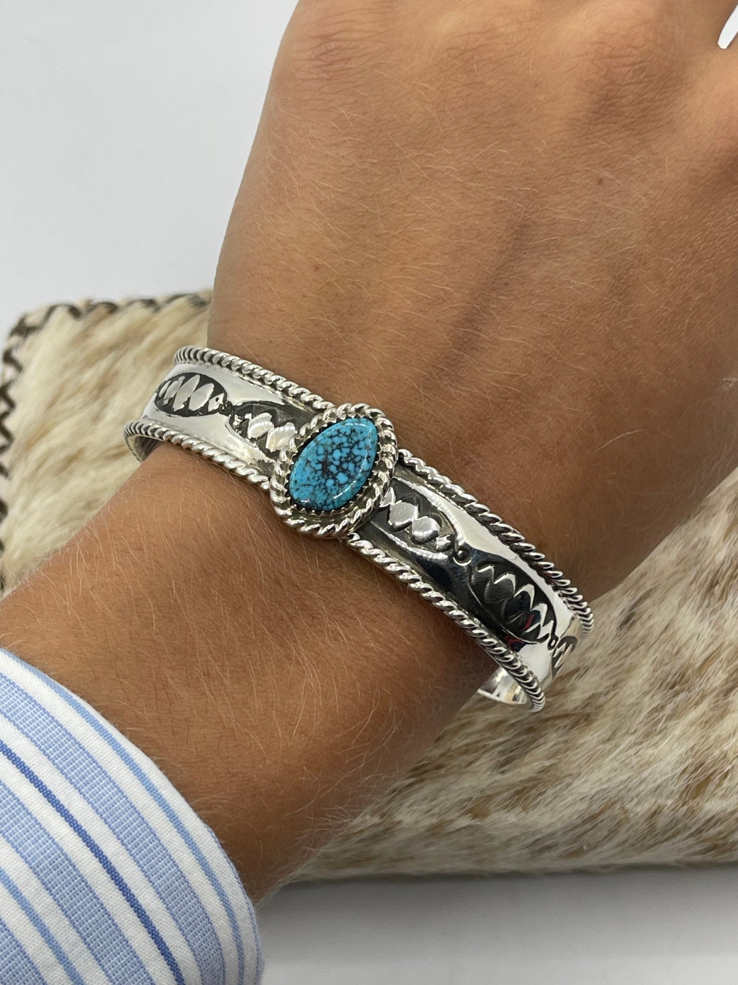6 1/4"-7 1/2" Highgrade Kingman Web Turquoise Cuff by Jason Bahe, Navajo