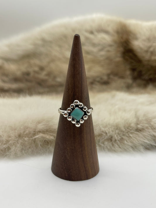 8.0 Turquoise Square Ring with Silver Dot Border by Myra Benally, Navajo