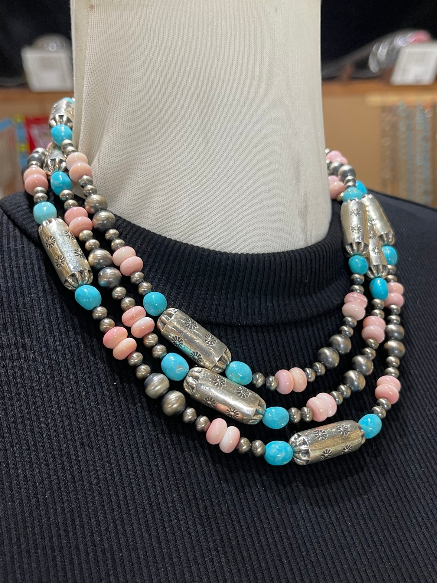 58" Pink Conch Shell and Sleeping Beauty Nugget Necklace with Navajo Style Pearls