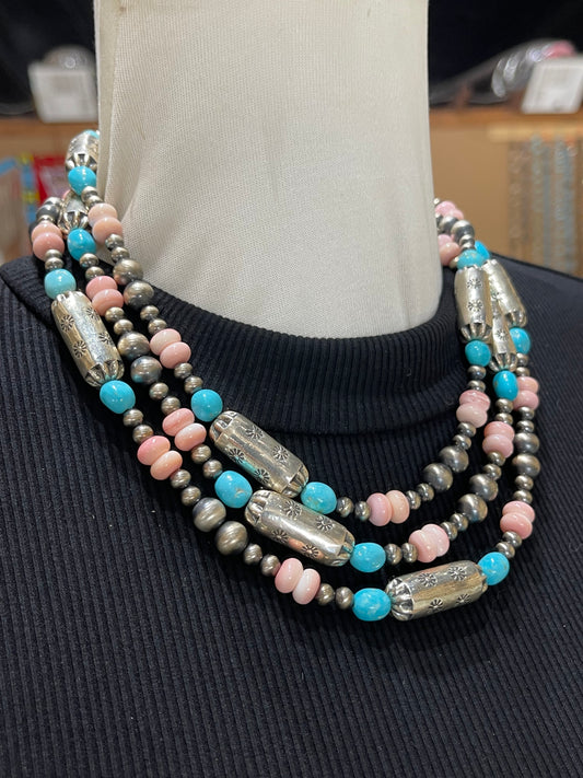 58" Pink Conch Shell and Sleeping Beauty Nugget Necklace with Navajo Style Pearls
