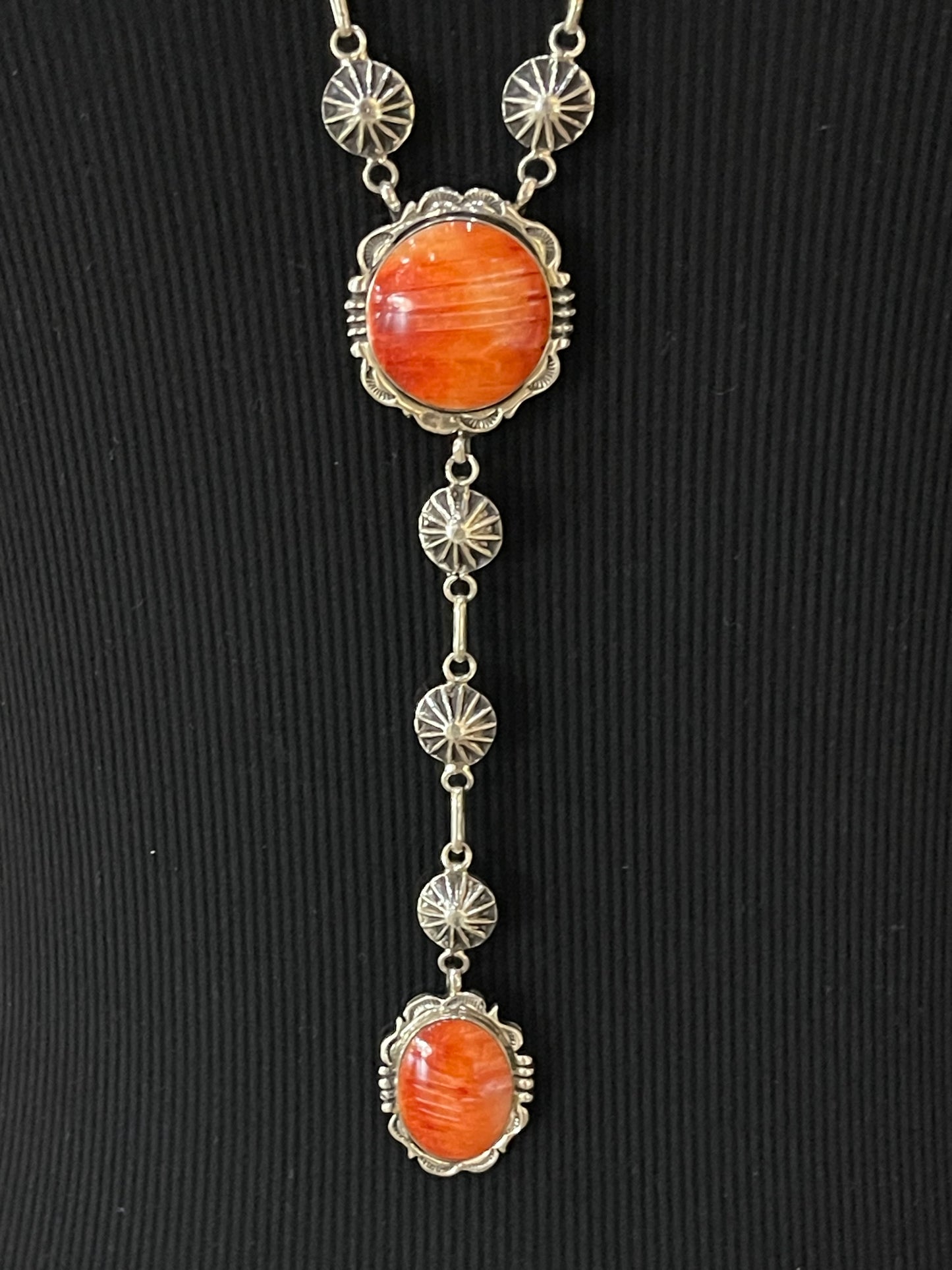 30"+6" Orange Spiny Oyster Shell Lariat Necklace by Leona Delgarito, Navajo