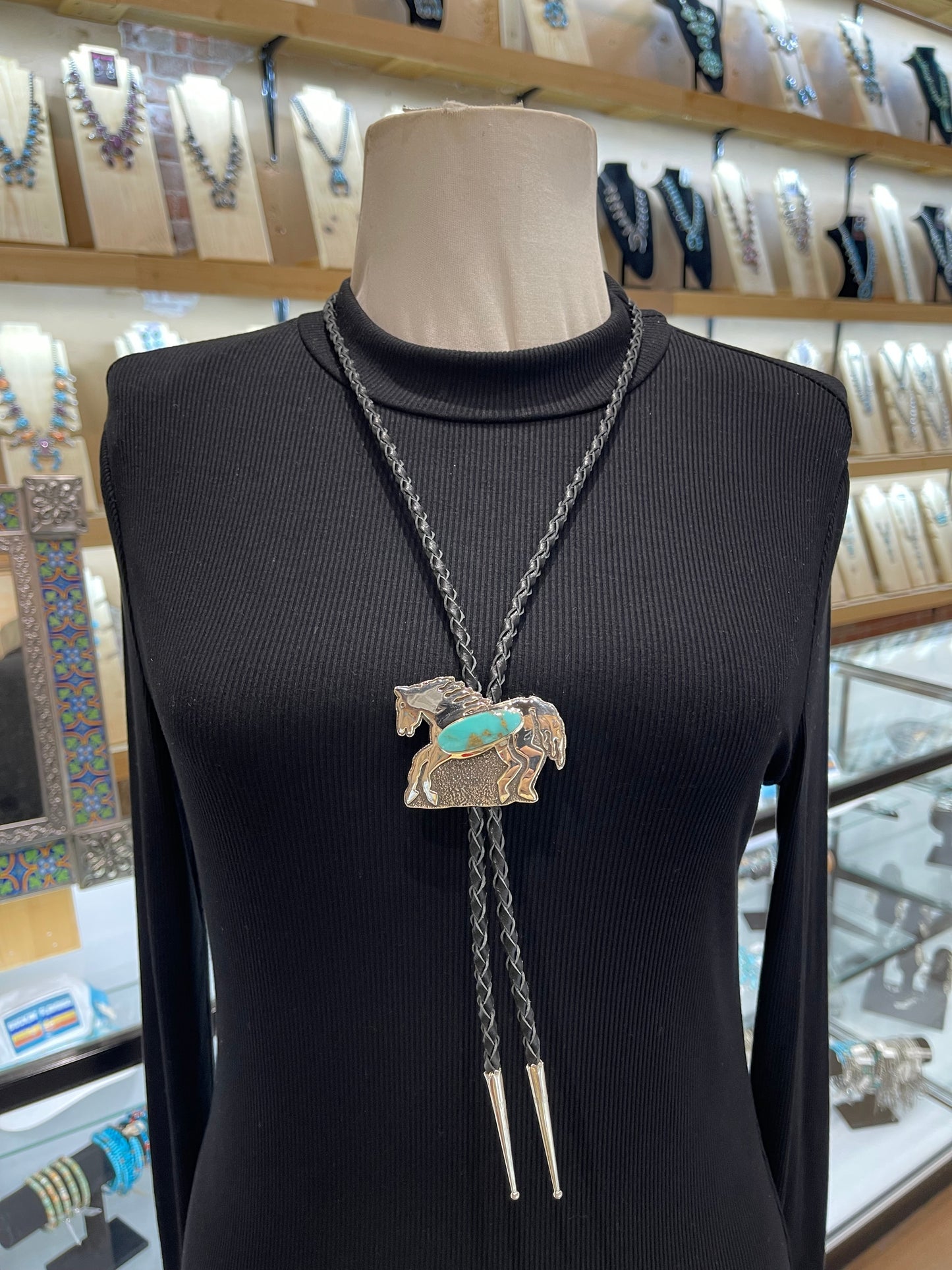 Kingman Turquoise Horse Bolo by Marie Jackson, Navajo