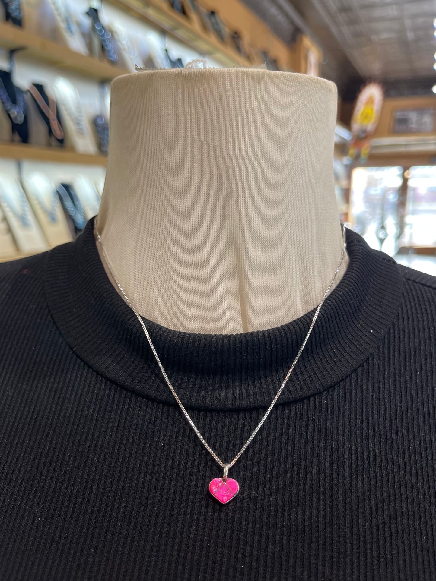 18" Necklace with Hot Pink Inlay Opal Heart Pendant by Linda Chavez, Navajo