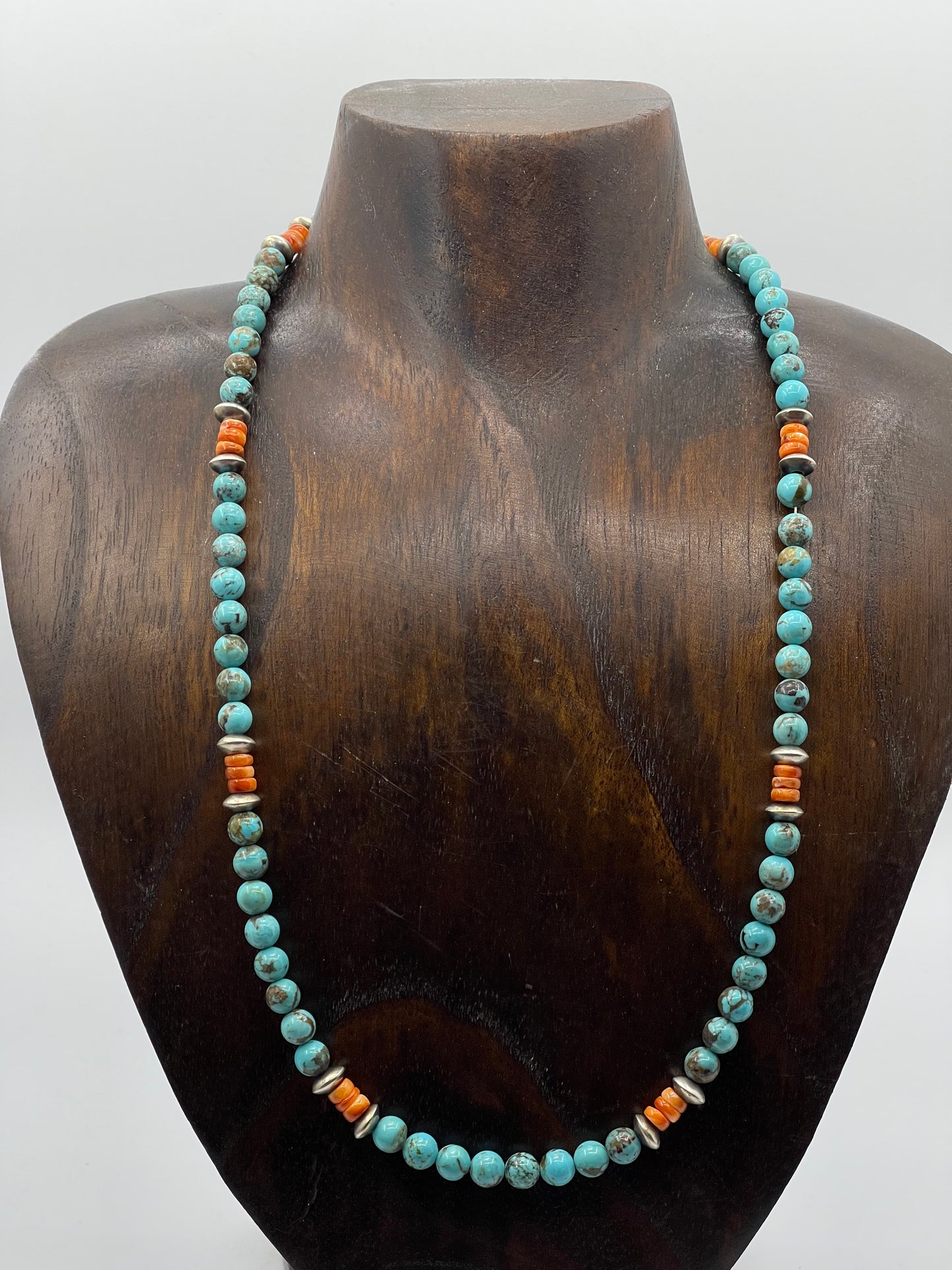 20" Navajo Saucer Beads, Turquoise, and Orange Spiny Oyster Shell Necklace by Tammy Nolcott, Navajo
