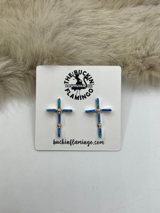 Blue Opal Zuni Needlepoint Cross Earrings by Ashley Laate, Zuni