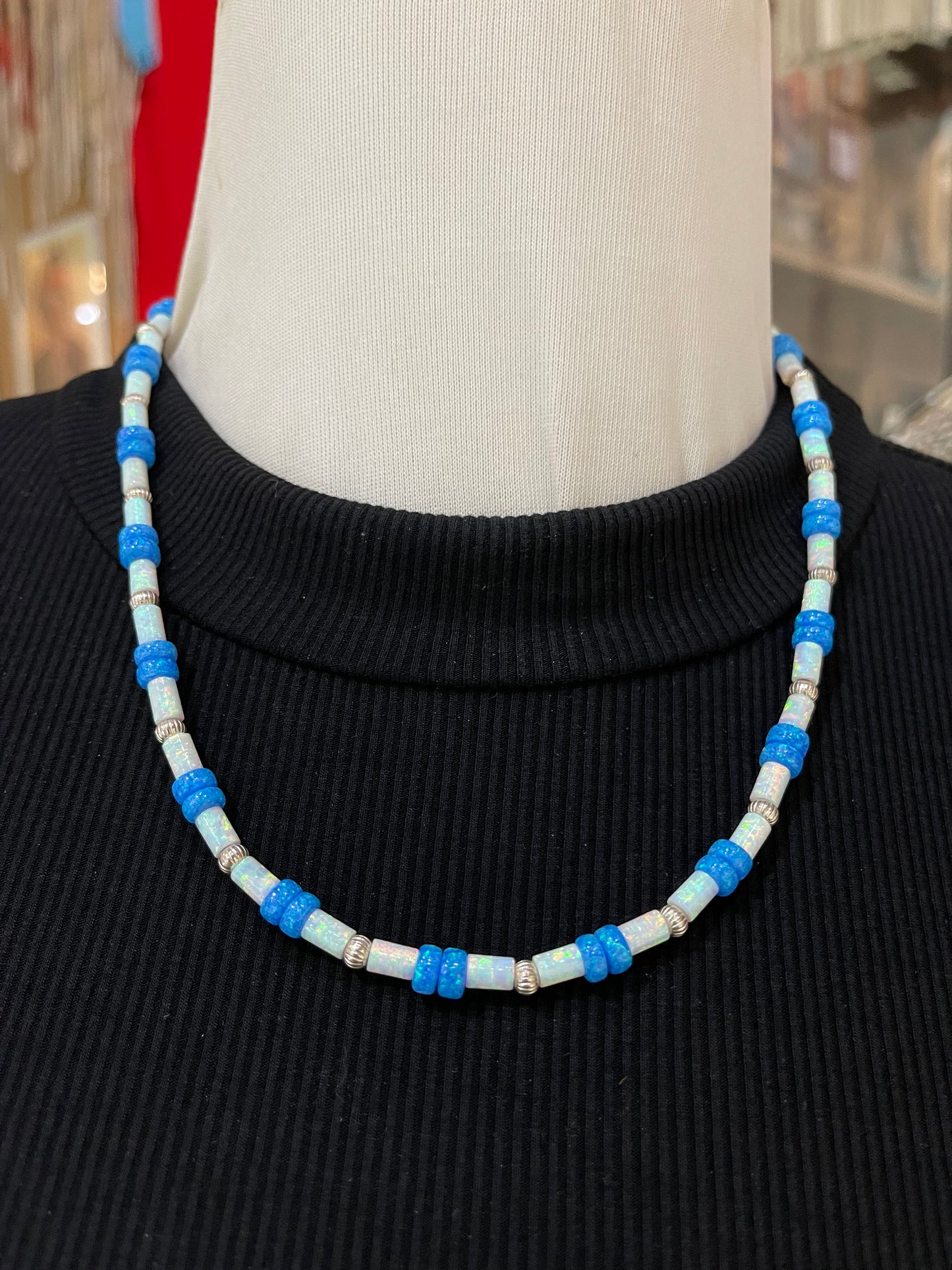 19" 4mm White, and 6mm Blue Opal Necklace with Dainty Sterling Silver Beads
