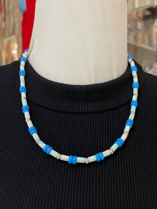 19" 4mm White, and 6mm Blue Opal Necklace with Dainty Sterling Silver Beads