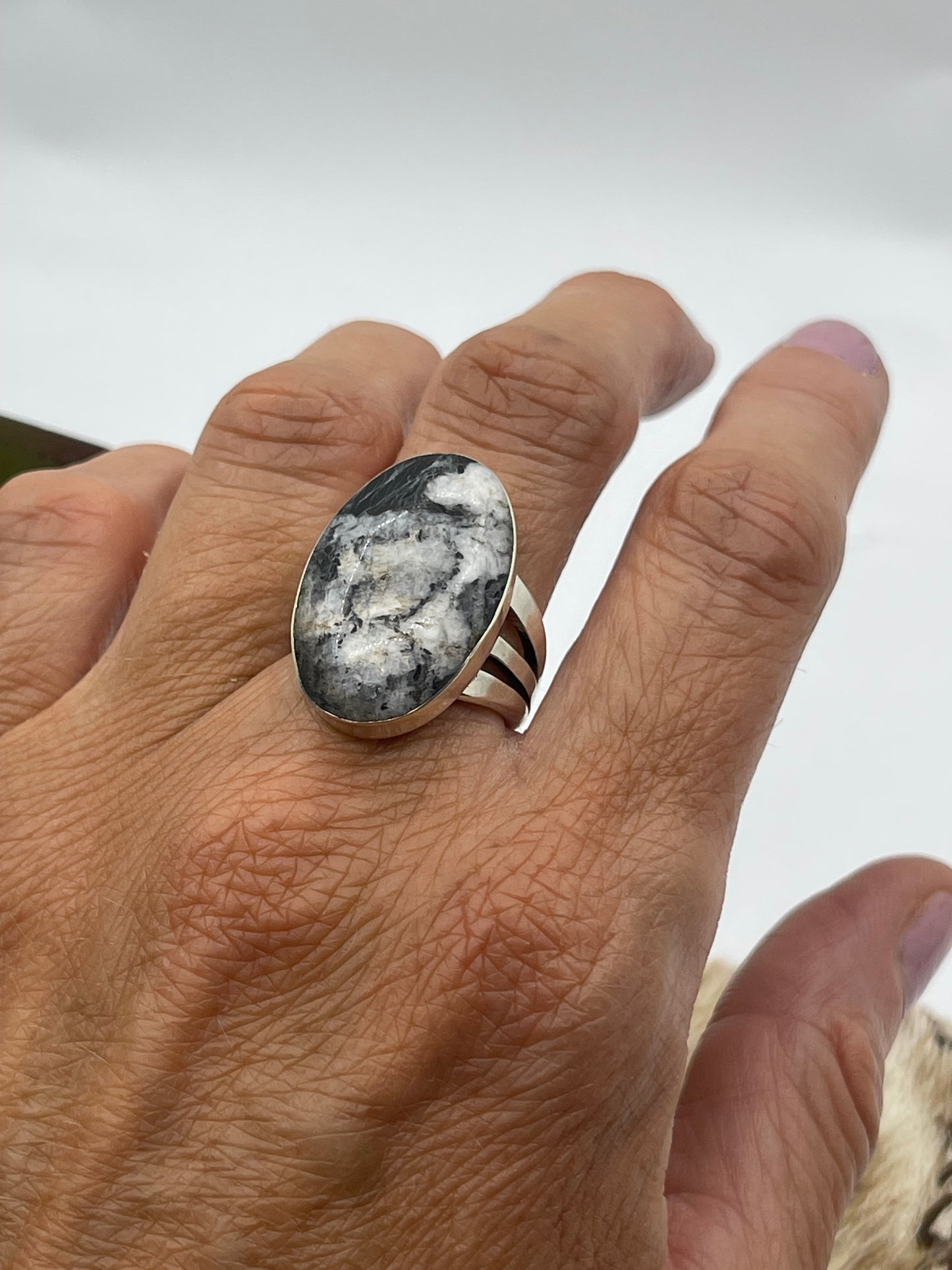 6.0 White Buffalo Oval Ring by David Lopez, Navajo