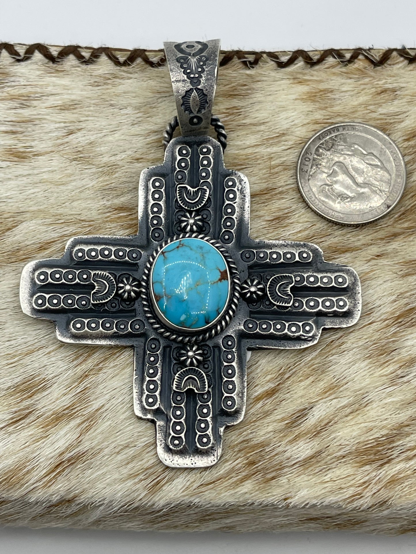 Kingman Turquoise Zia Symbol Pendant with a 17.5mm Bale by Kevin Billah, Navajo