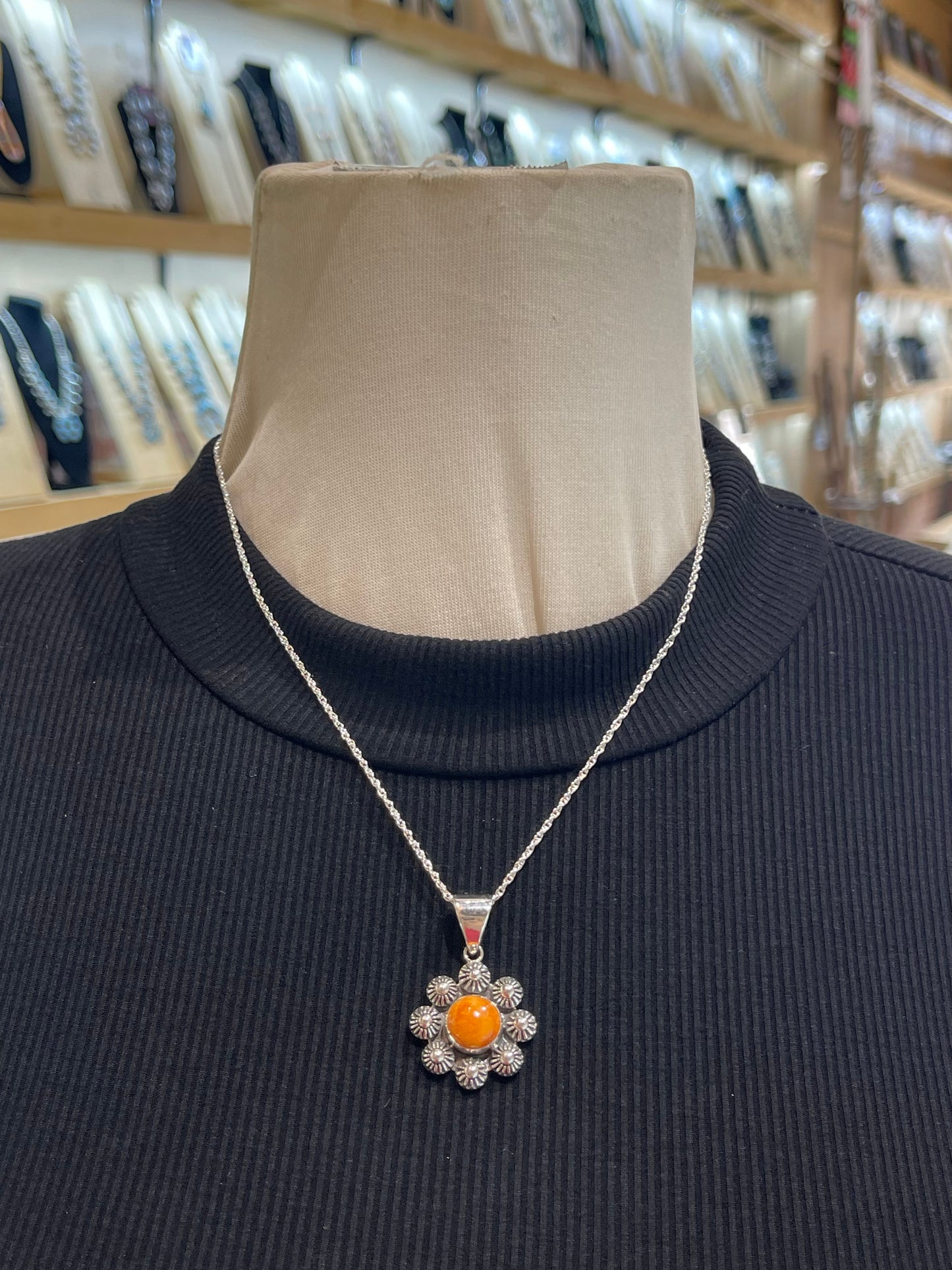 Orange Spiny Oyster Shell Flower Pendant on 18" Chain