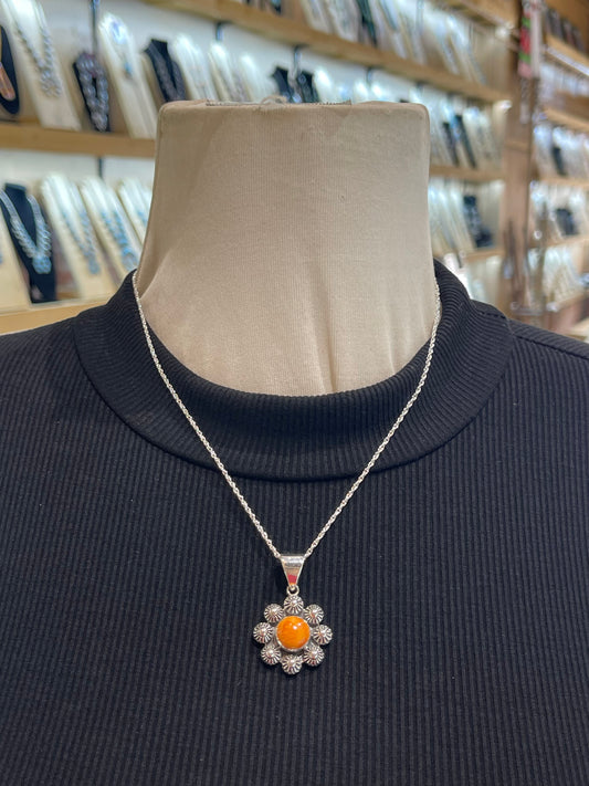 Orange Spiny Oyster Shell Flower Pendant on 18" Chain