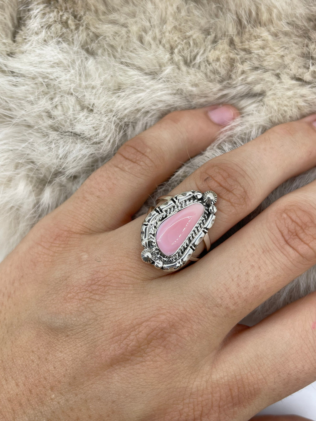 7.0 Pink Conch Shell Ring by Annette Chiquita, Navajo