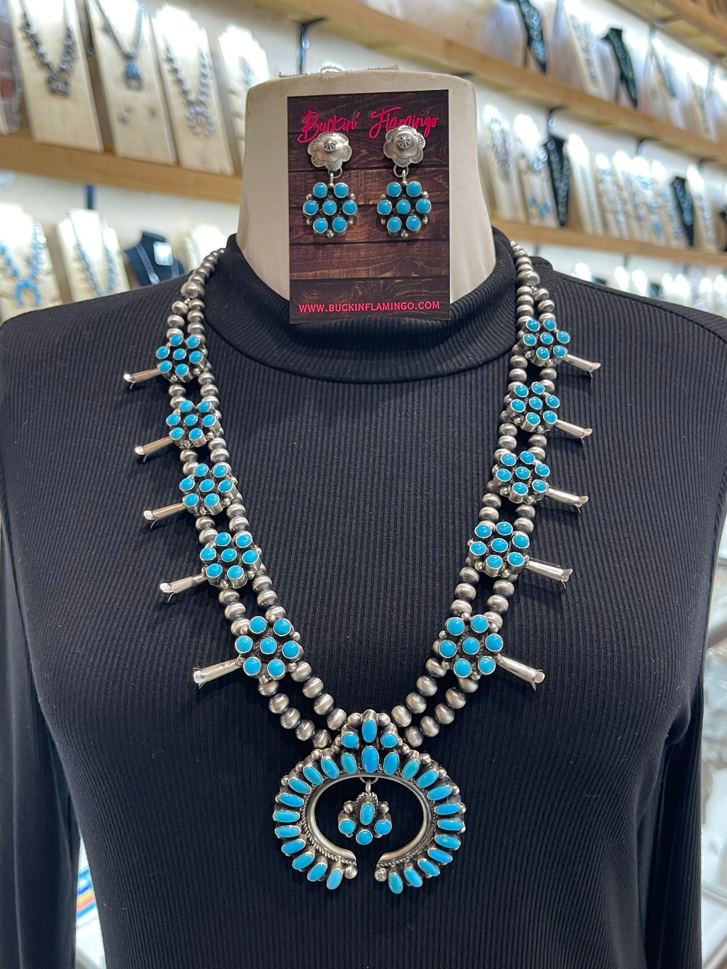 26" Blue Kingman Turquoise Squash Blossom & Earring Set by Kathlyn Yazzie, Navajo