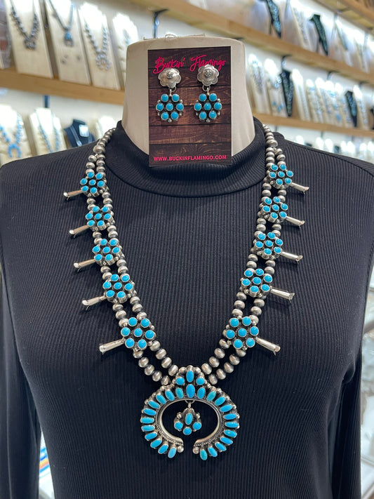 26" Blue Kingman Turquoise Squash Blossom & Earring Set by Kathlyn Yazzie, Navajo
