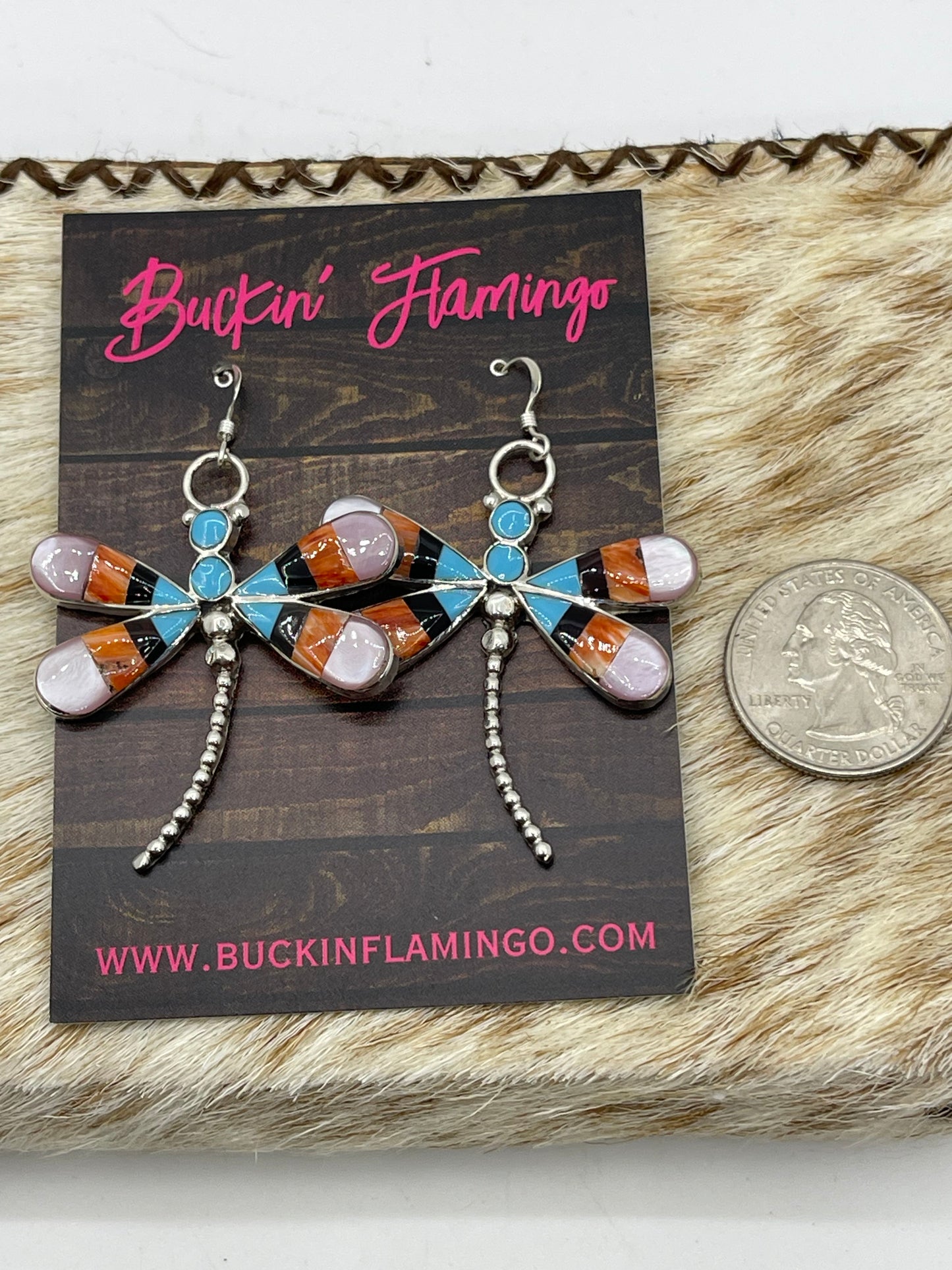 Turquoise, Black Onyx, Spiny, and Mother of Pearl Dragonfly Dangle Earrings by Angus Ahiyite, Zuni