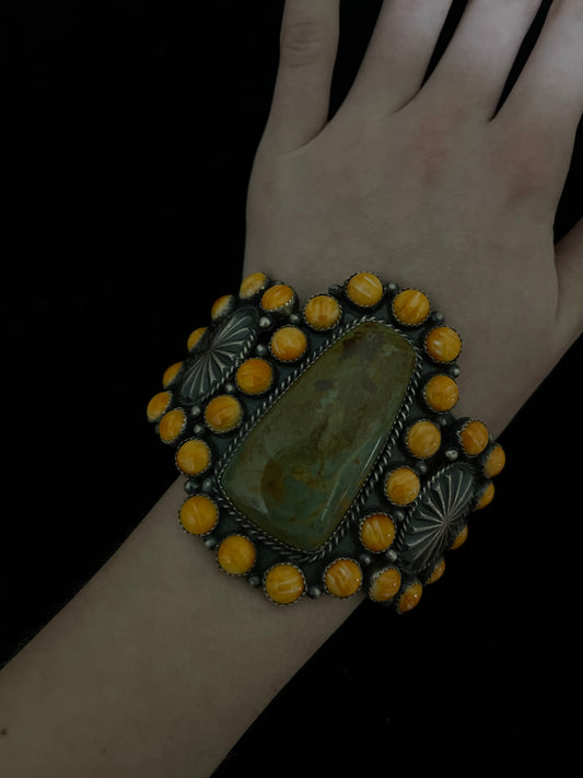 7" Orange spiny Oyster and Royston Turquoise Concho Cuff by Kevin Billah, Navajo