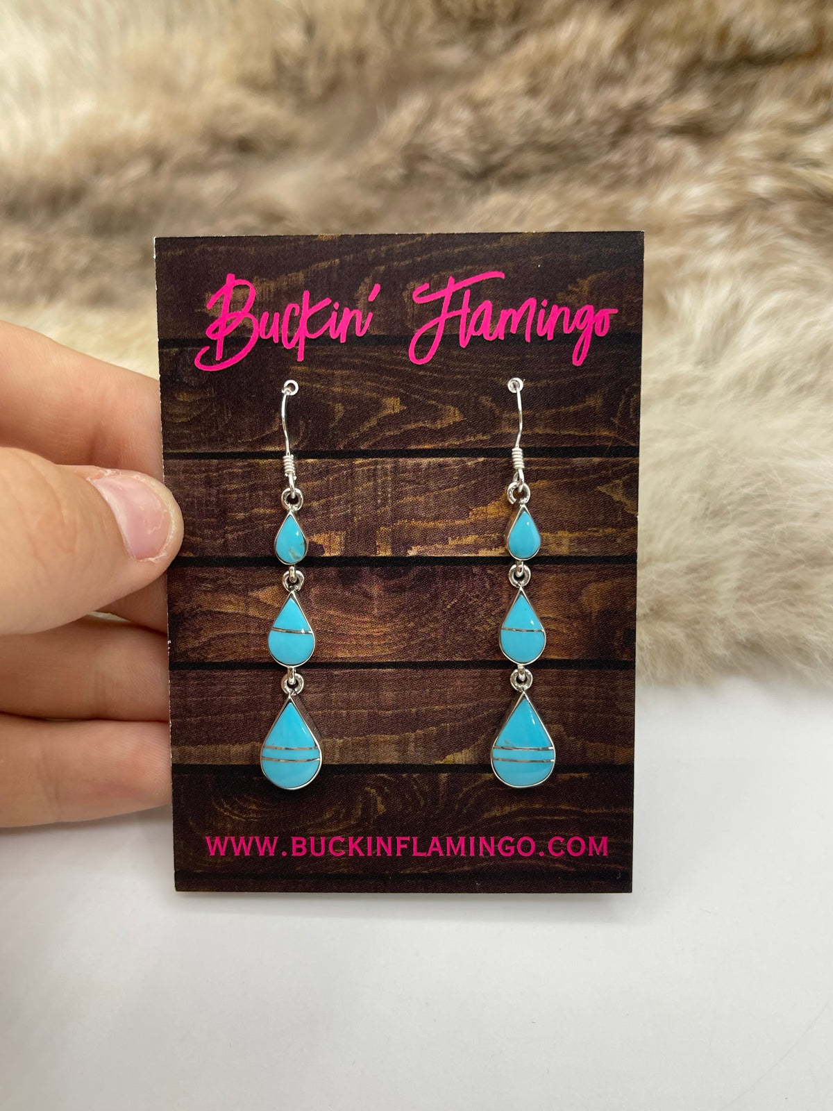 Turquoise Inlay Teardrop Triple Dangle Earrings by James Manygoats, Navajo