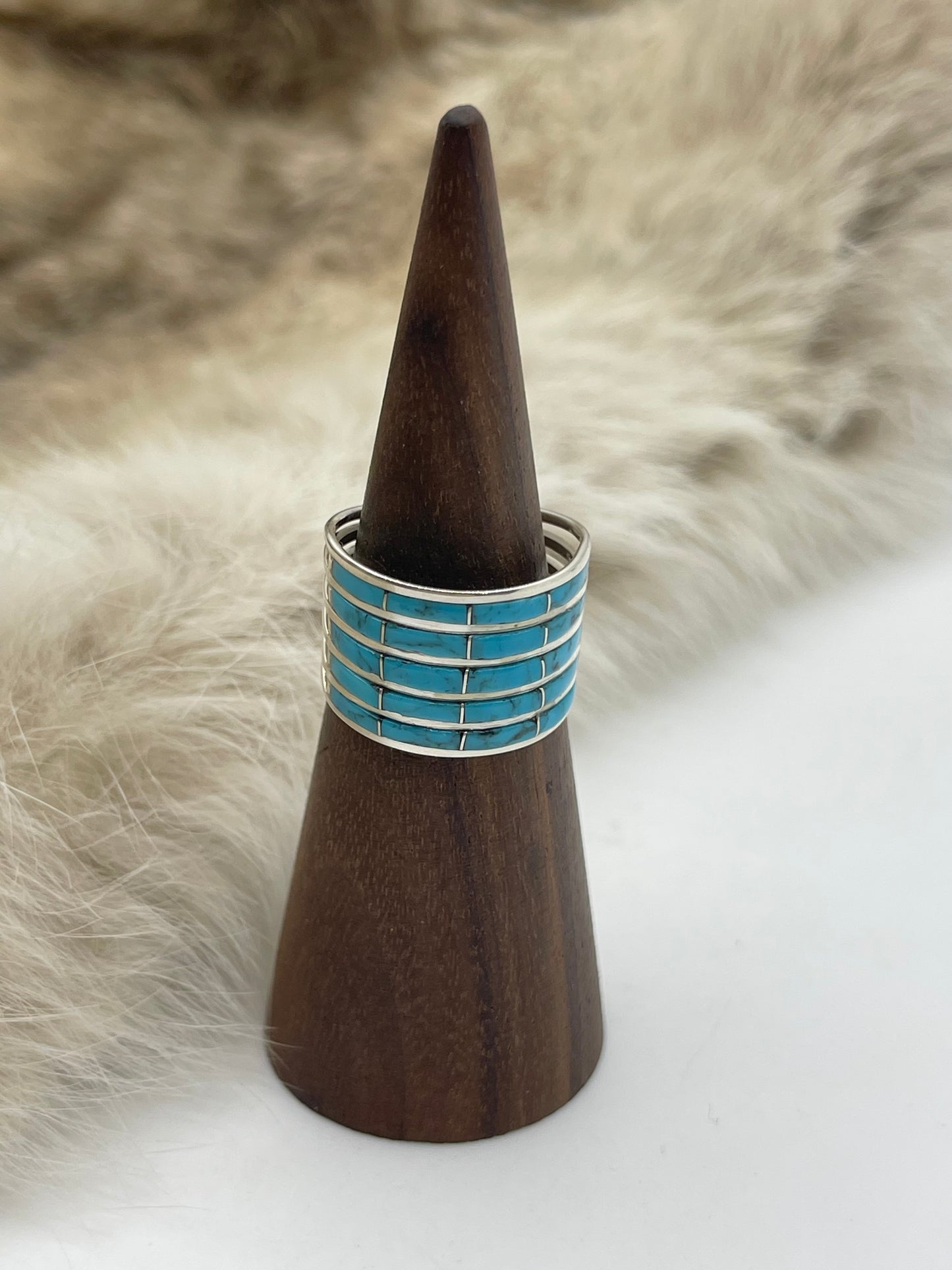 8.0 5 Row Turquoise Ring by Claresse Kyletewa, Zuni