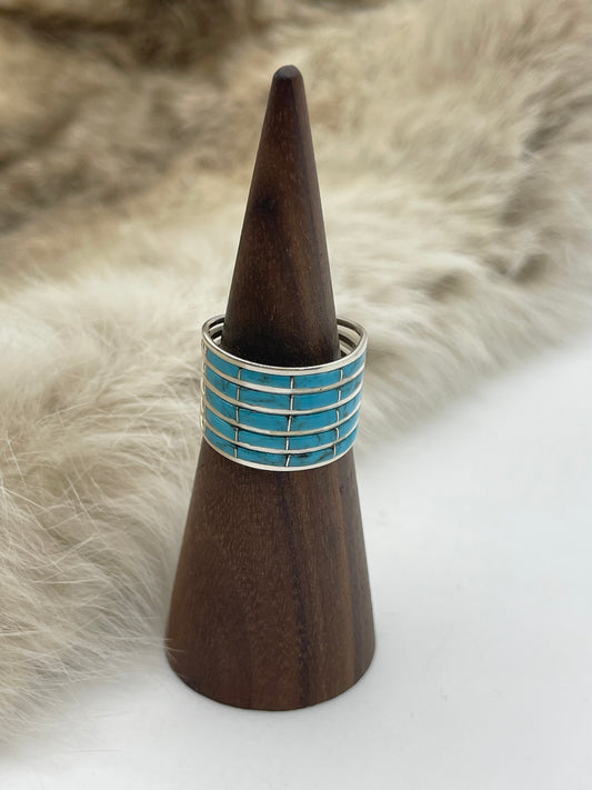 8.0 5 Row Turquoise Ring by Claresse Kyletewa, Zuni