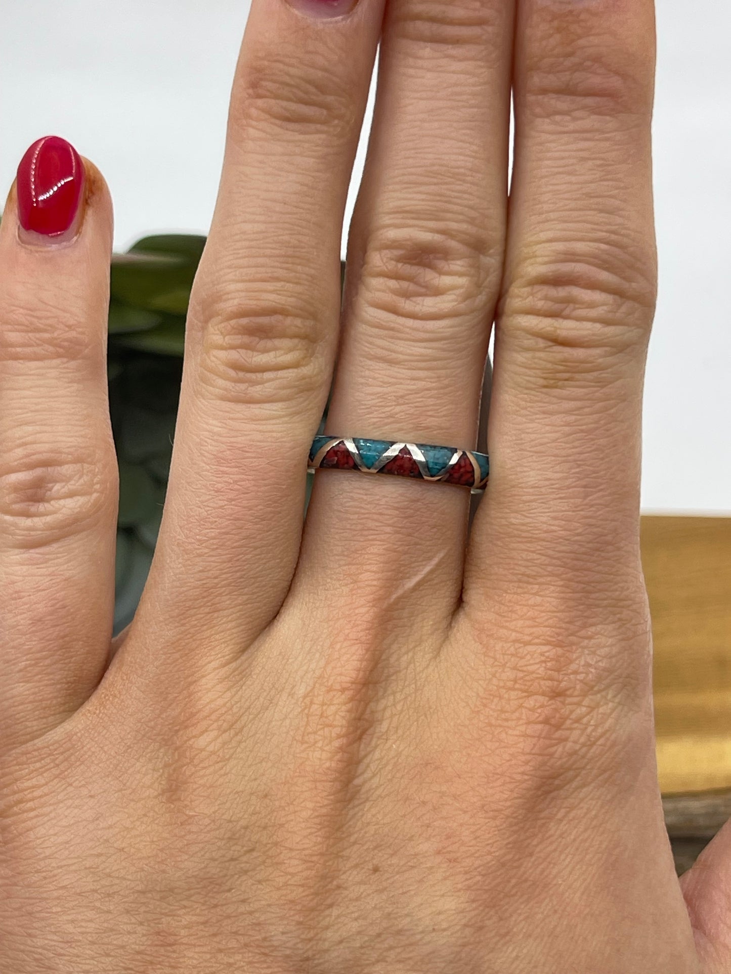 6.0 Turquoise and Coral Inlay Chunk Zig Zag Ring Band