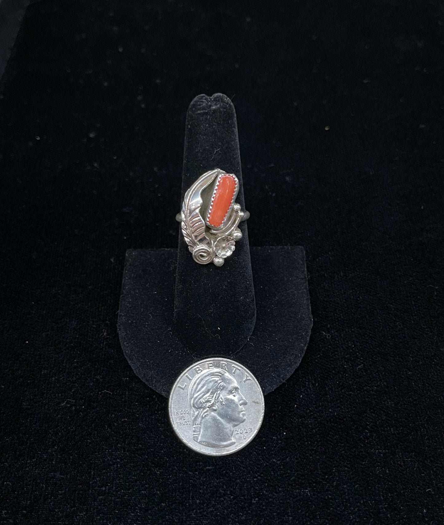 7.0 Red Coral Ring by Helena Martinez, Navajo