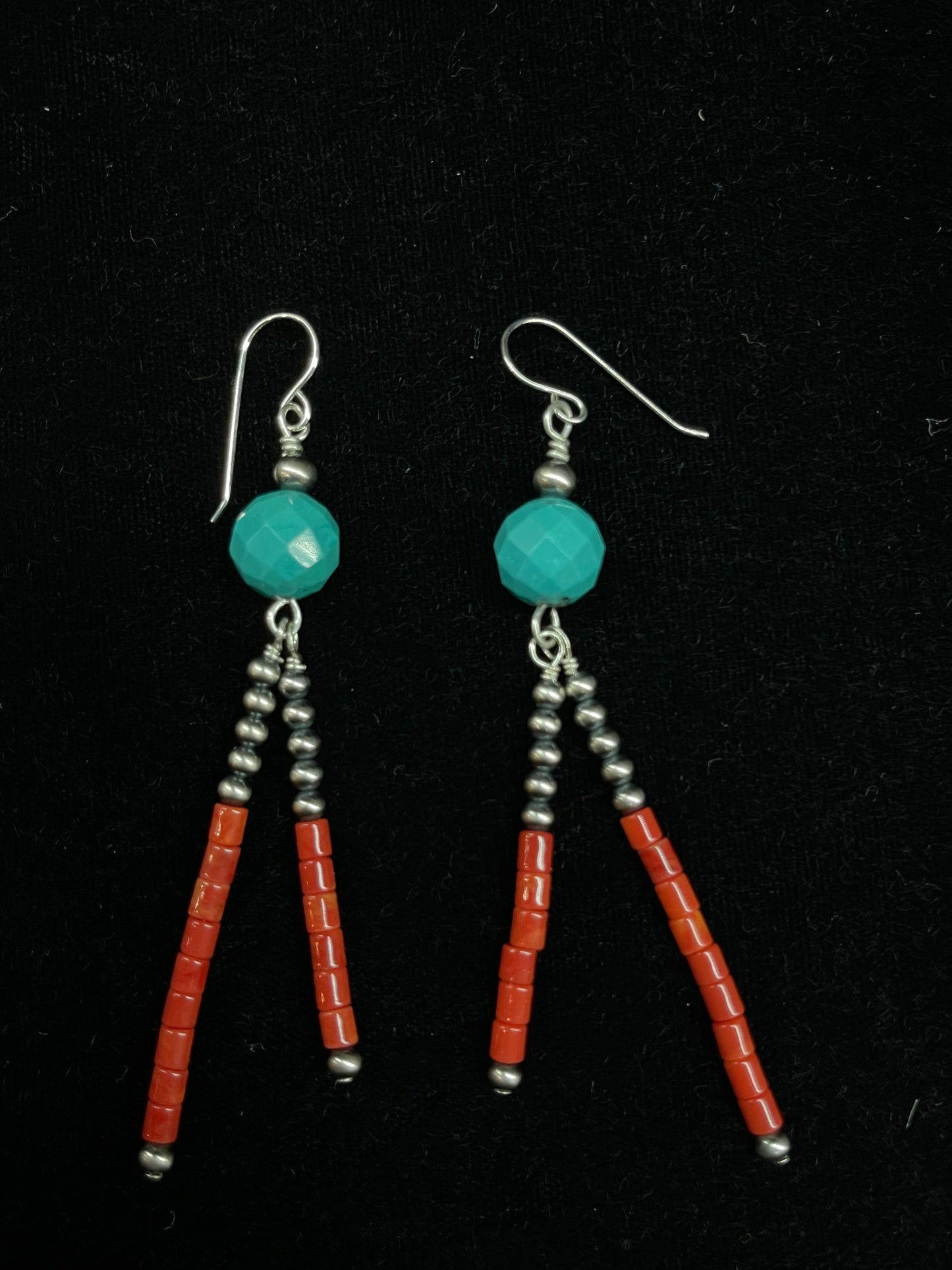 Turquoise, Red Coral, and Navajo Pearl Dangle Earrings