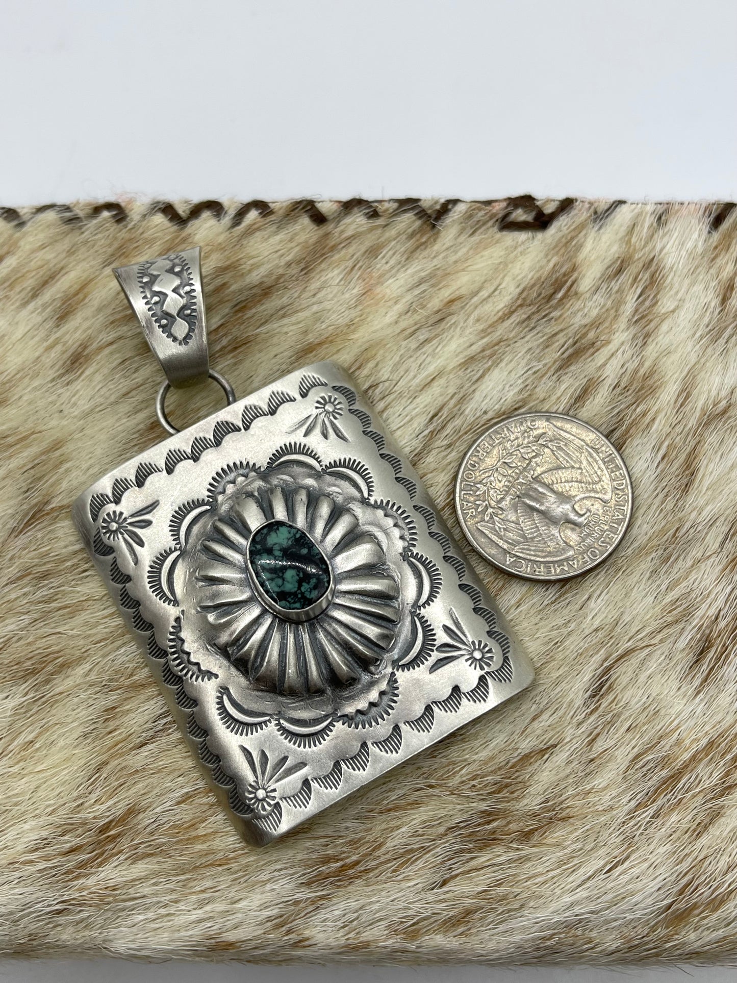 Mantis Turquoise Square Concho Pendant with a 13.5mm Bale by Delbert Secatero, Navajo
