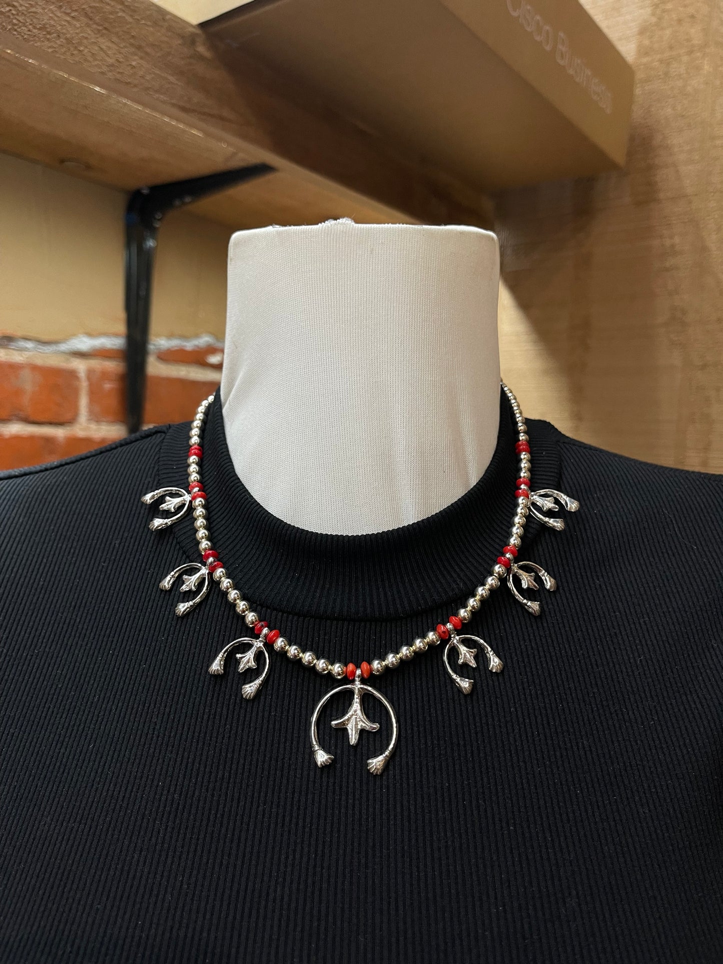 18"+2" Extender 5mm Silver Pearls and Red Coral Beads