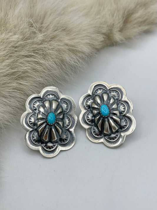 Stamped Oval Concho Earrings by Lavina Benally, Navajo