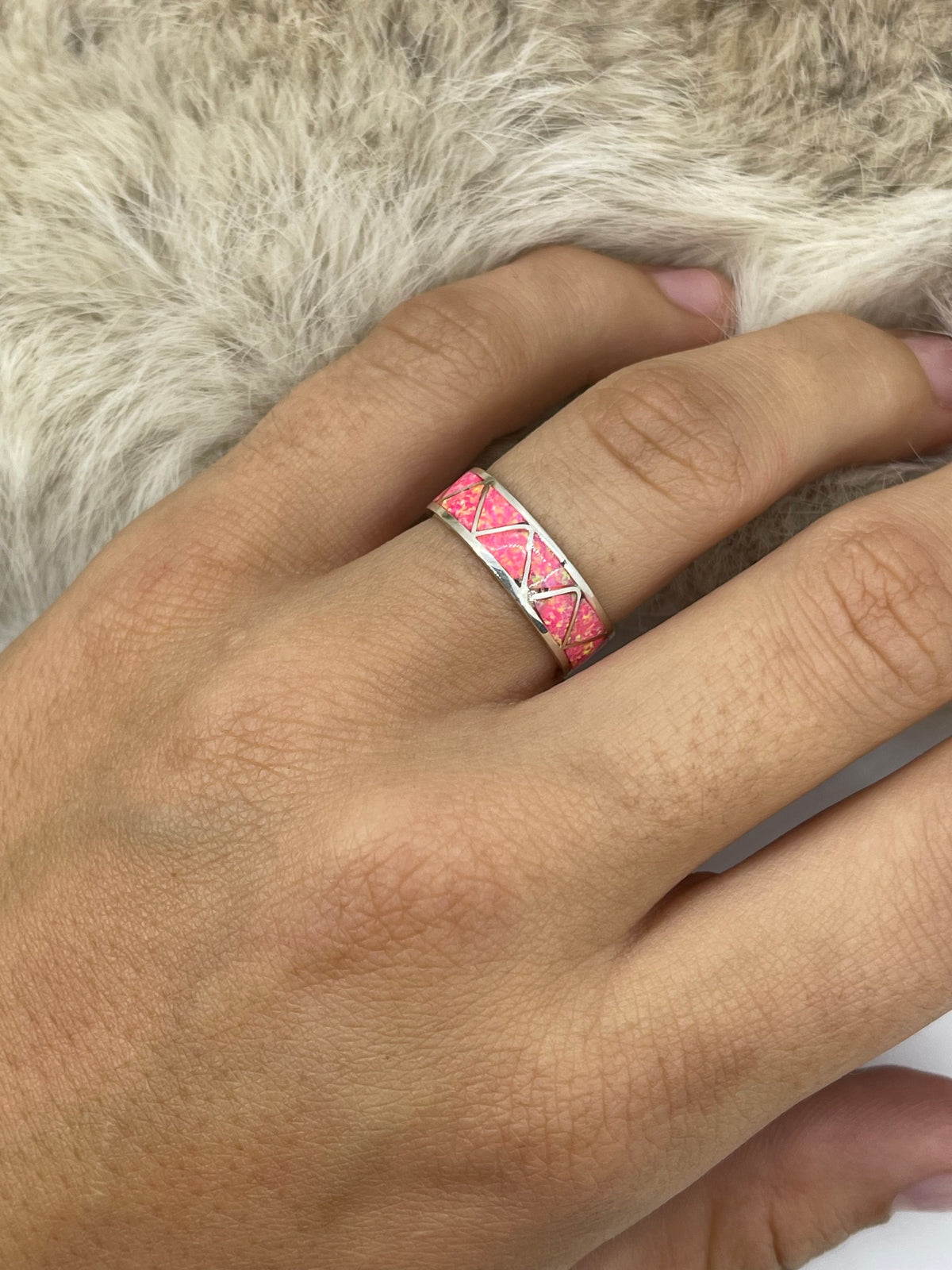 6.0 Hot Pink Opal Zig Zag Inlay Ring by Joann Peina, Zuni