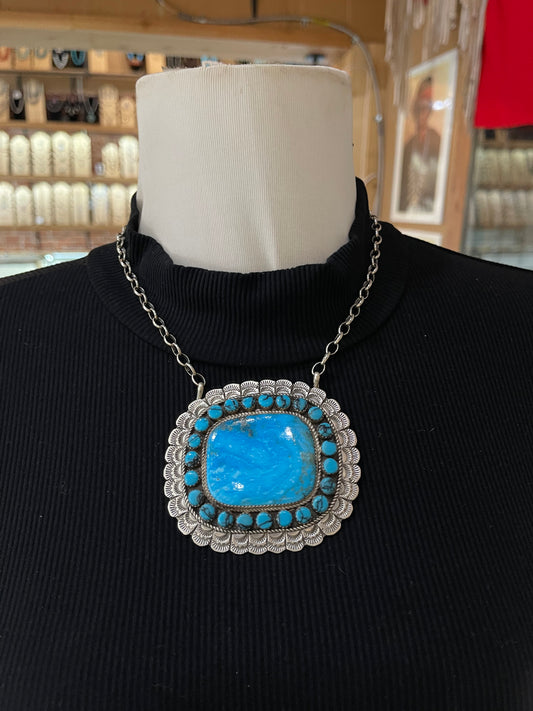 16" Large Square Kingman Turquoise Cluster Necklace by Larry Etsitty, Navajo