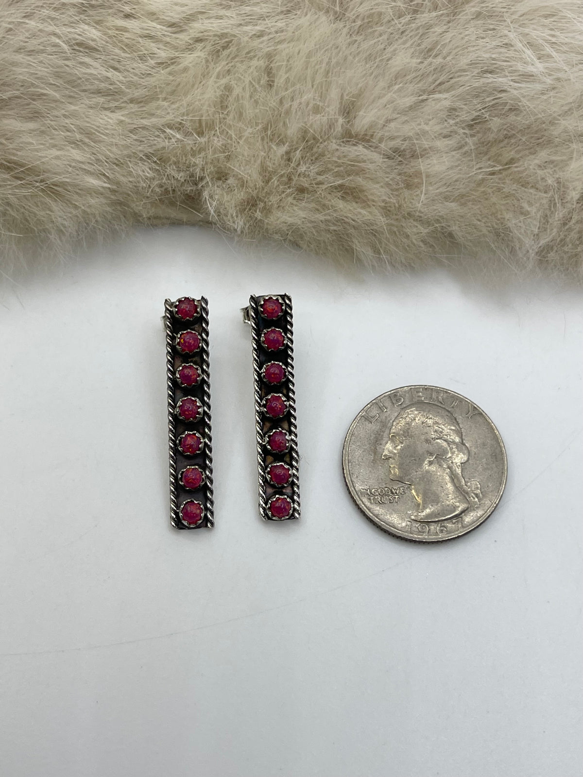 Dark Pink Opal Long Rectangle Earrings by Janice Spencer, Navajo