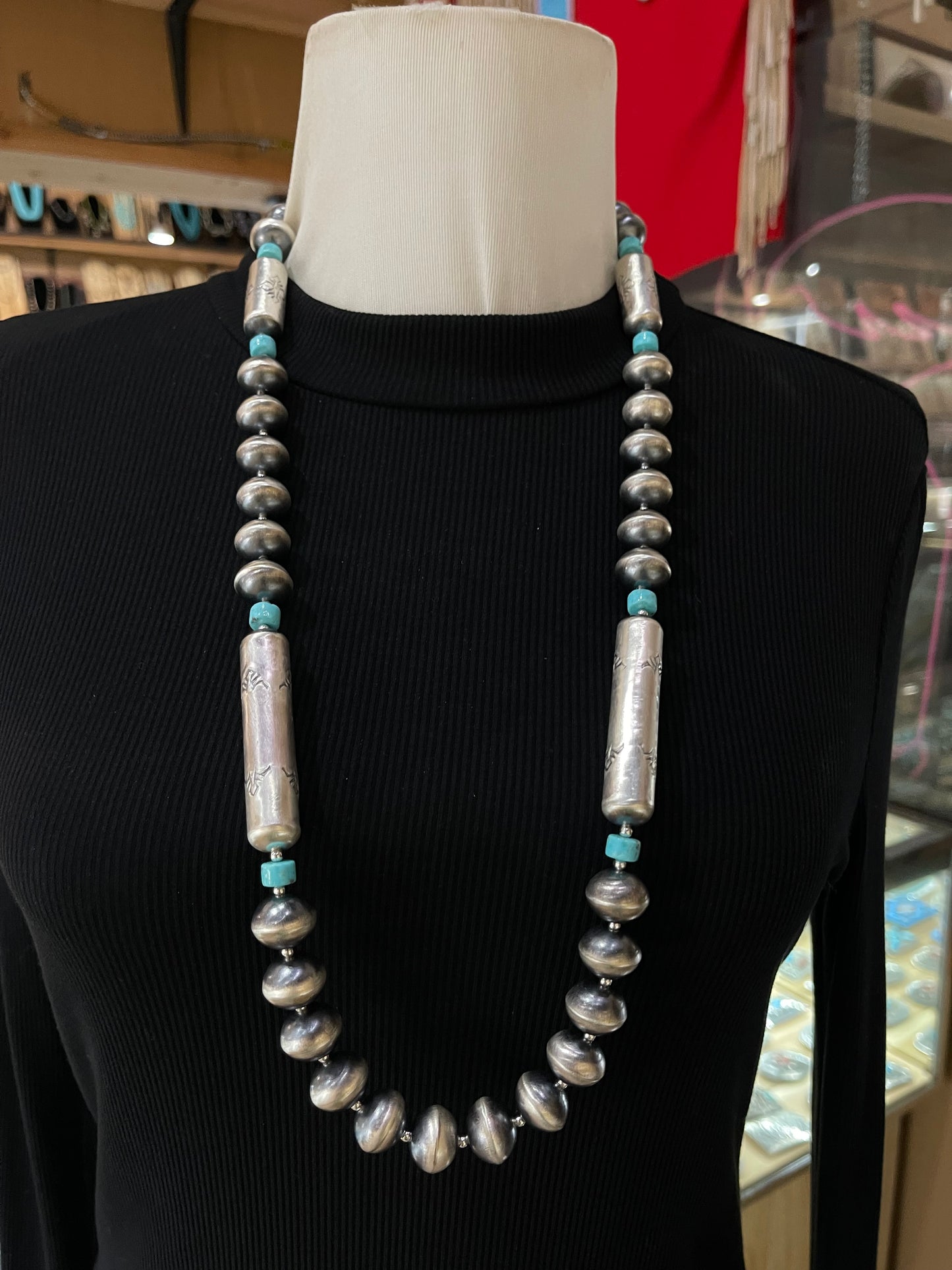 32" 15mm Handmade Navajo Pearl with Turquoise Necklace and Dangle Earrings Set by Sharon Cooley, Navajo