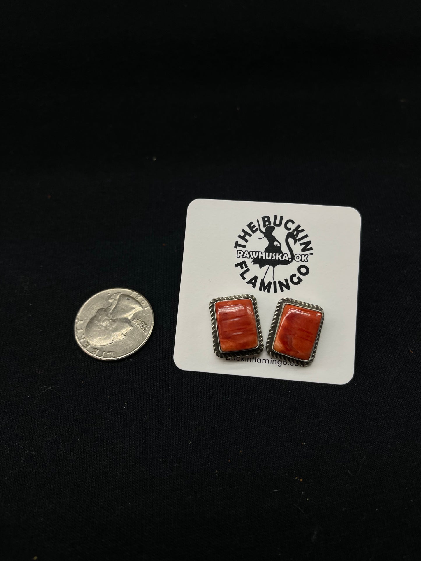 Red Spiny Oyster Shell Rectangle Post Earrings by Judith Dixon, Navajo