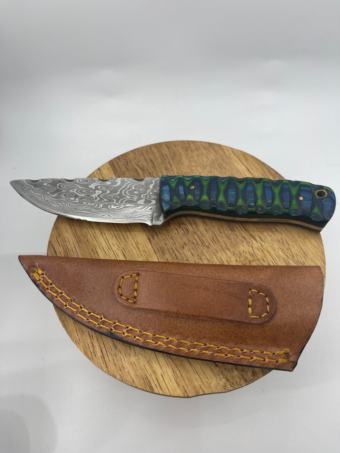 Damascus Blade With Wood Handle and Leather Sheath, USA Made